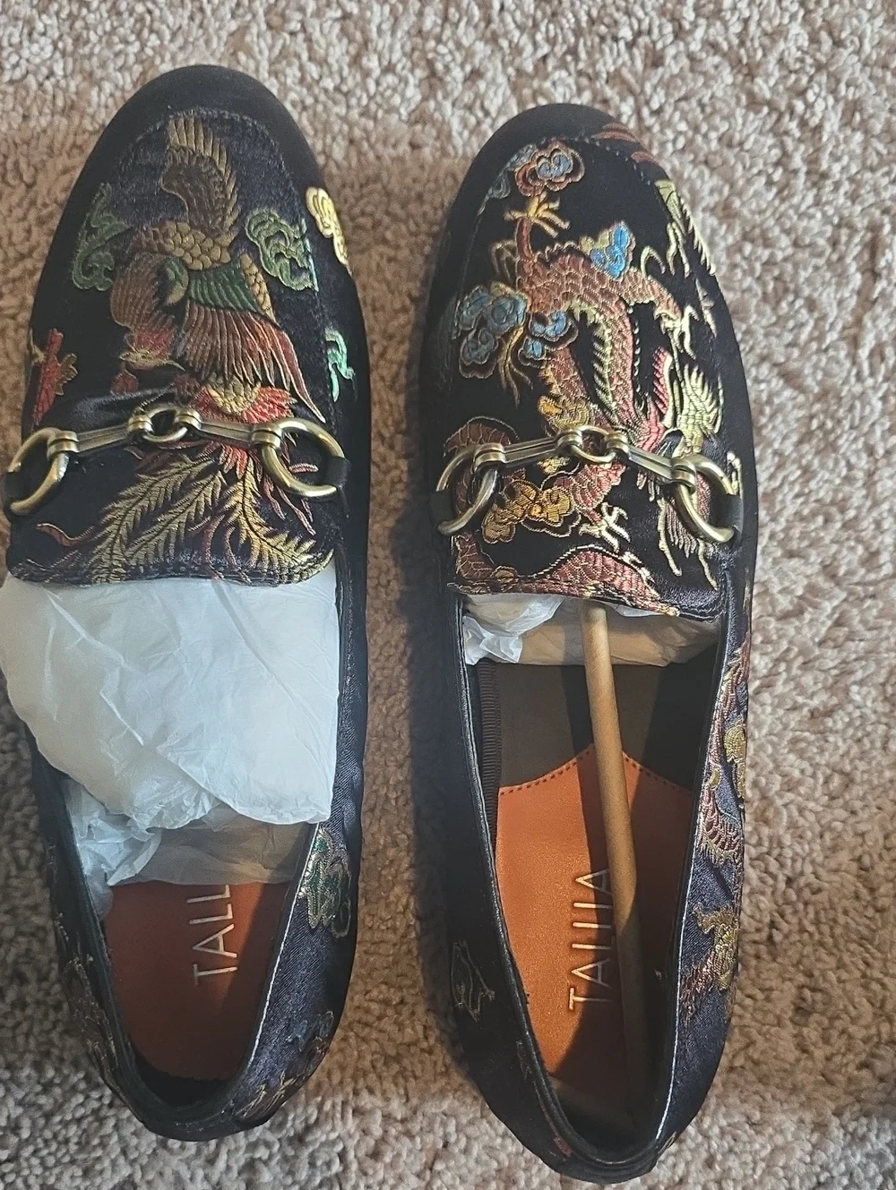 TALLIA Black Embroidered Dragon & Phoenix Slip-On Loafers